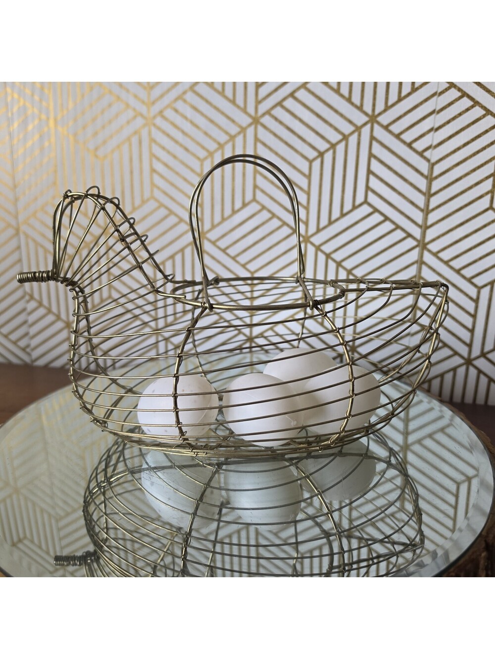 Vintage Wire Egg Collecting Basket Chicken Primitive Country Farmhouse Gold Tone